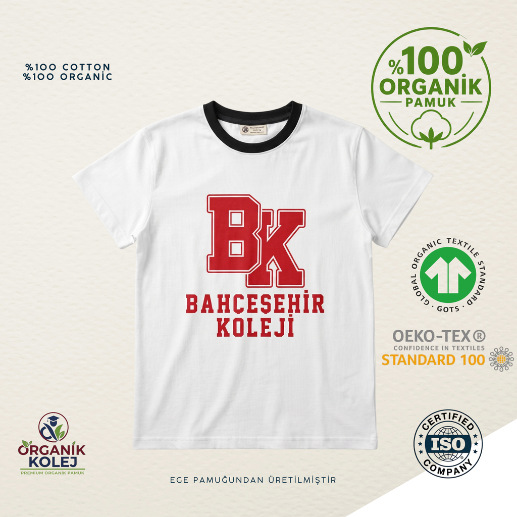 Bahçeşehir Koleji Yeni Sezon Tişört Lacivert Yaka Beyaz Forma Organik