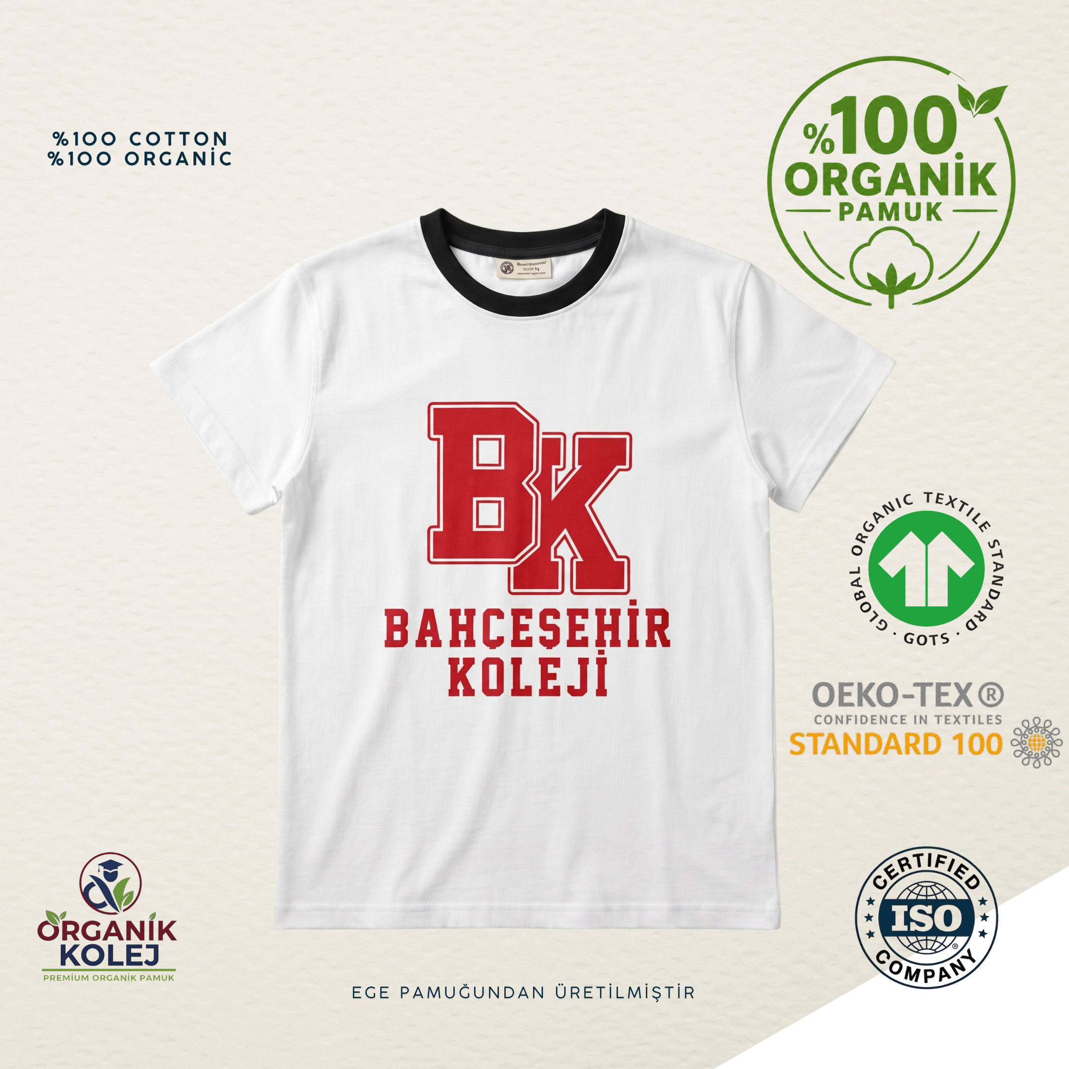 Bahçeşehir Koleji Yeni Sezon Tişört Lacivert Yaka Beyaz Forma Organik
